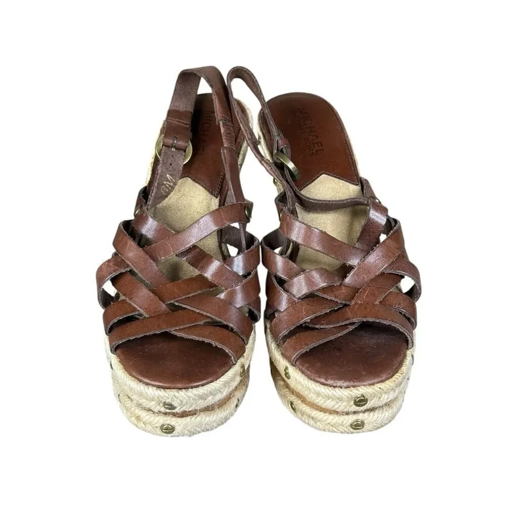 Michael Kors Y2K Brown Leather Studded Espadrille Wedge Sandals Size 6